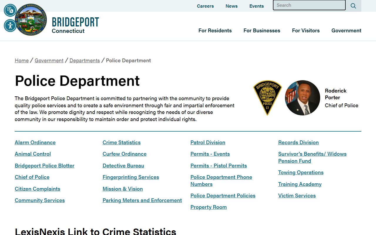 Bridgeport Police Department homepage for warrant records