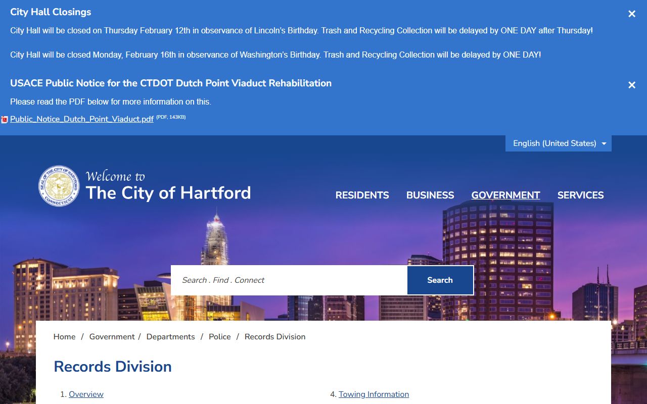 Hartford Police Department records division for obtaining warrant documents