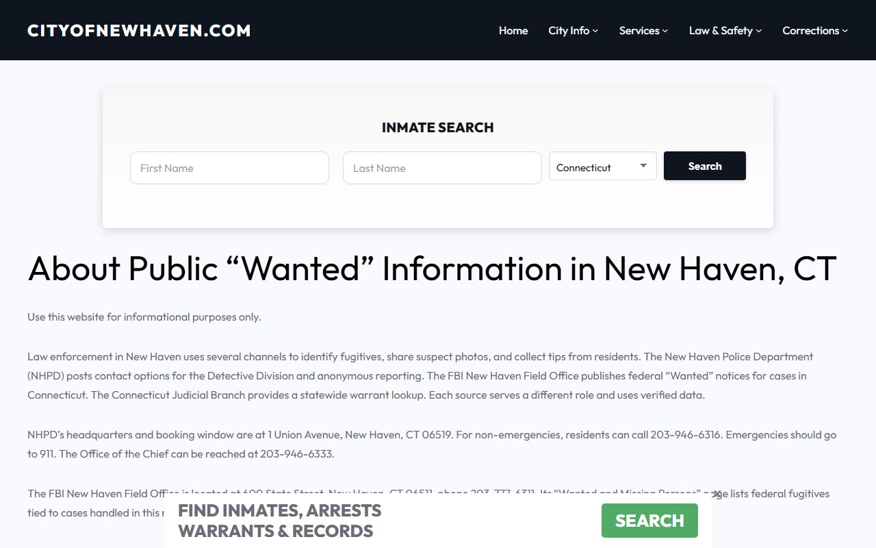 New Haven most wanted page showing active warrant information