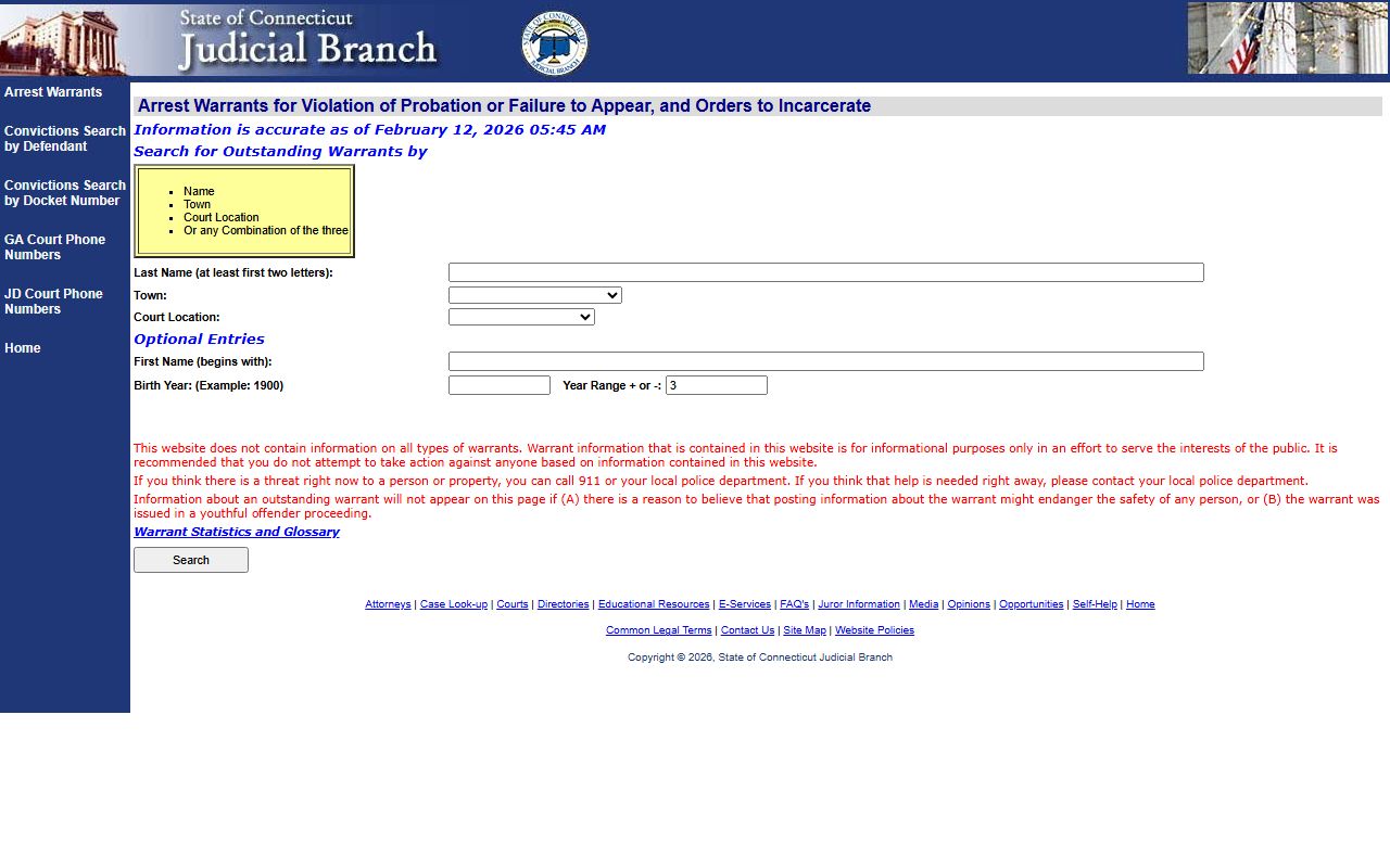 Connecticut arrest warrant search portal interface