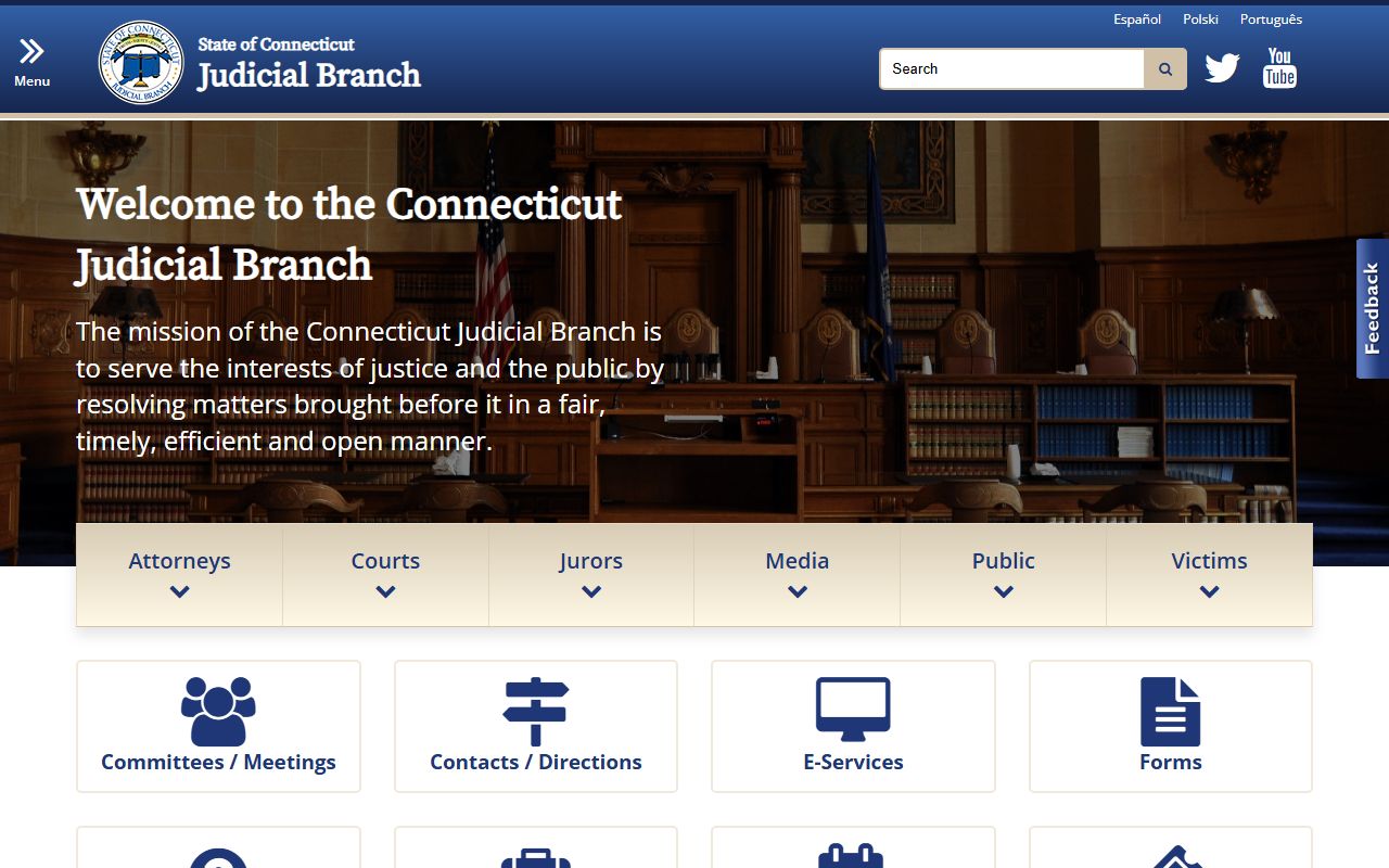 Connecticut Judicial Branch homepage for warrant record searches