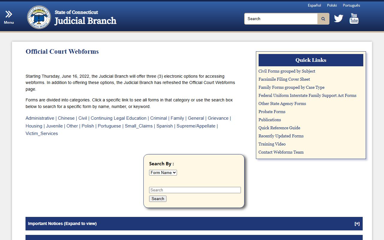 Connecticut Judicial Branch forms page for record requests